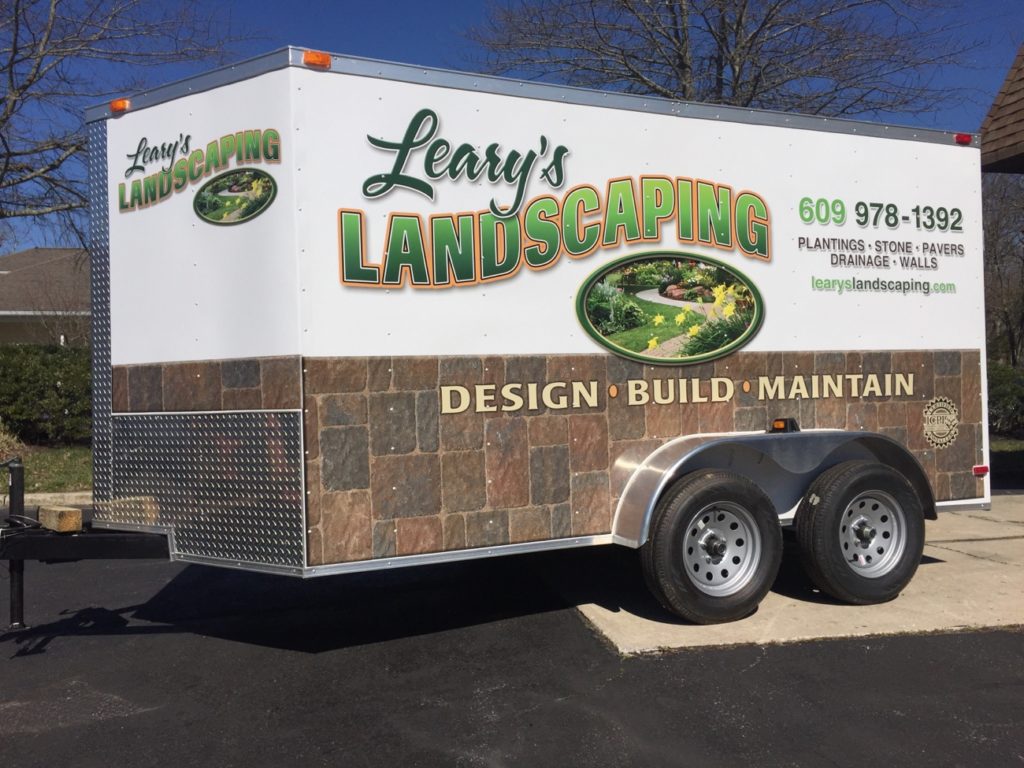Enclosed trailer vehicle wrap advertising for Leary’s Landscaping