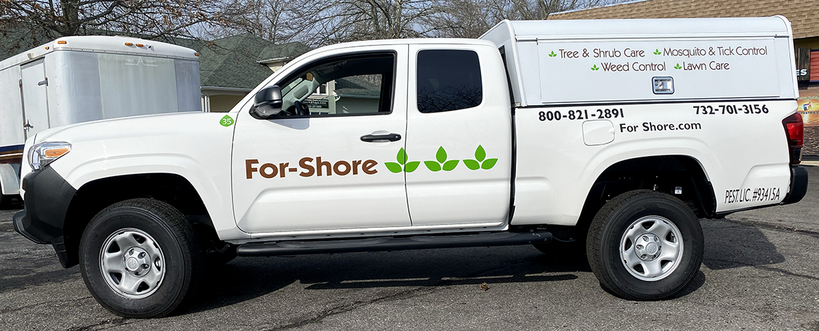 Driver-side view of For-Shore Weed Control Toyota Tacoma showing branded fleet graphics with consistent colors, typography and placement