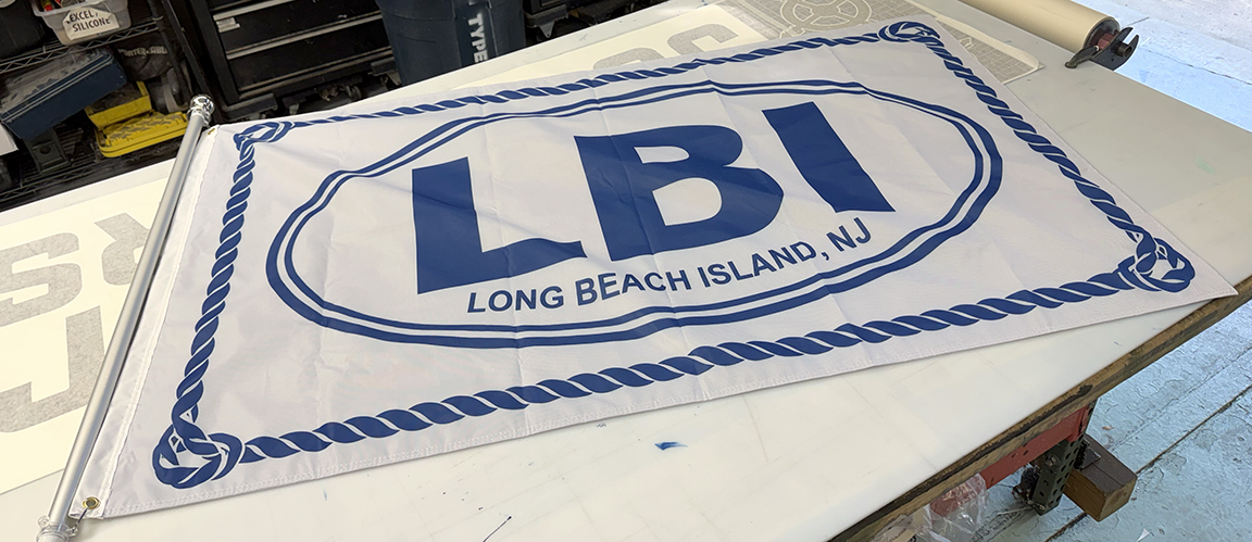 Custom 3 x 5 foot LBI Long Beach Island nautical flag with classic oval design and navy rope border