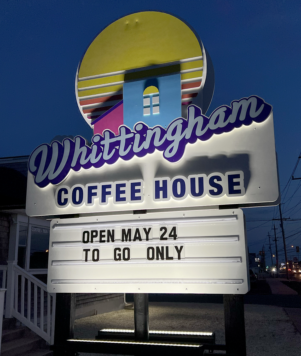 Dimensional exterior sign for Whittingham Coffee House in Beach Haven, New Jersey designed for strong depth, visibility and storefront impact