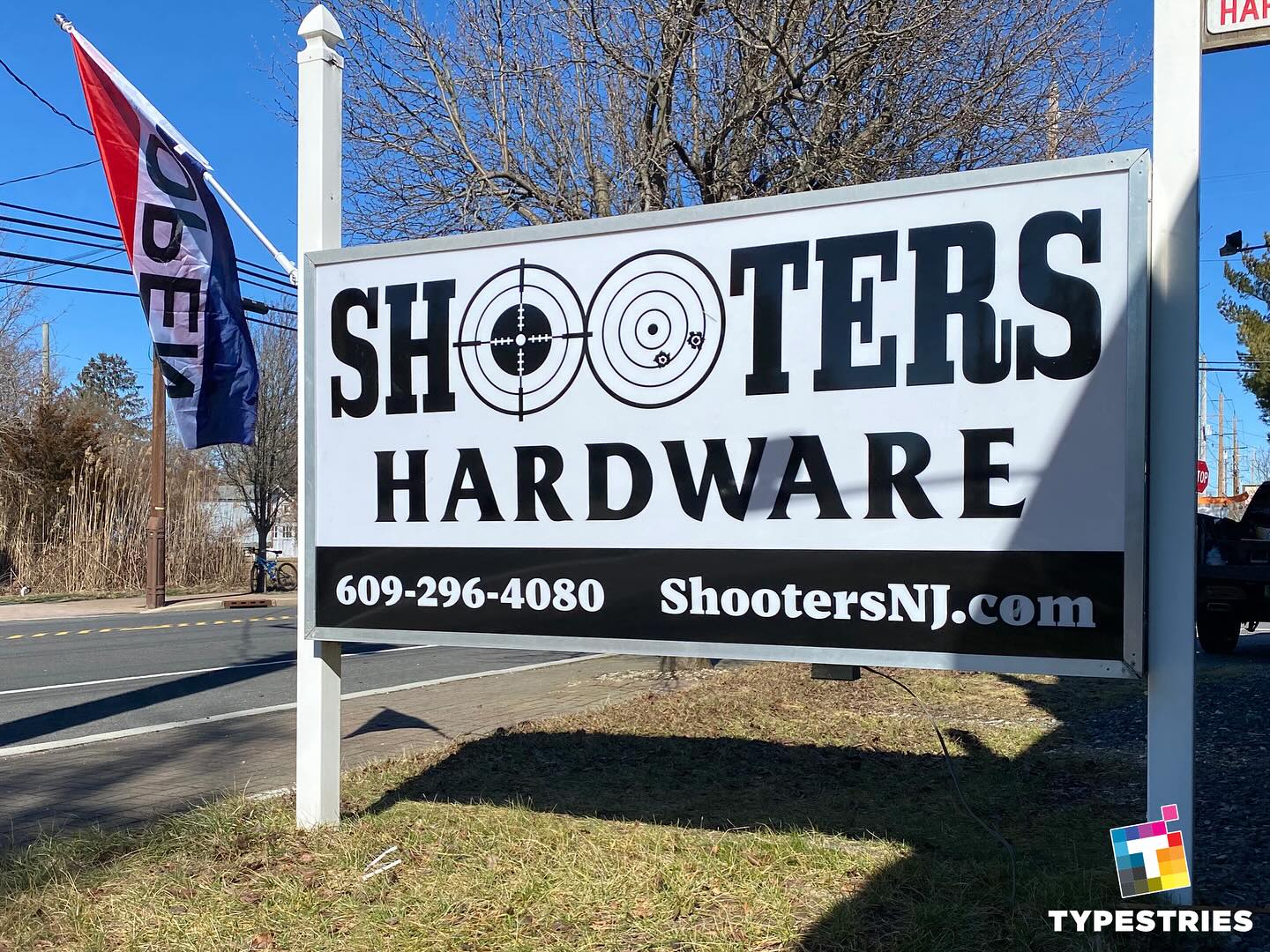 New backlit roadside sign for Shooters Hardware in West Creek NJ with custom branding, LED illuminated sign cabinet and coastal-durable materials