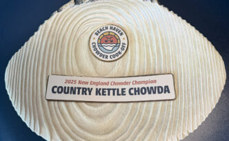 Custom handcrafted Beach Haven Chowder Cook-Off award for 2025 New England Chowder Champion Country Kettle Chowda with sculpted wood base and dimensional graphics