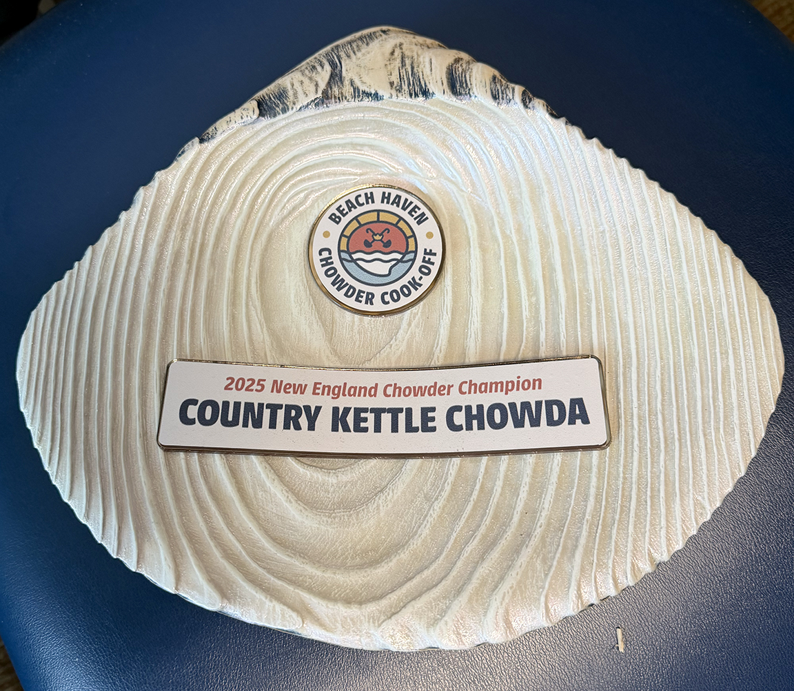 Custom handcrafted Beach Haven Chowder Cook-Off award for 2025 New England Chowder Champion Country Kettle Chowda with sculpted wood base and dimensional graphics