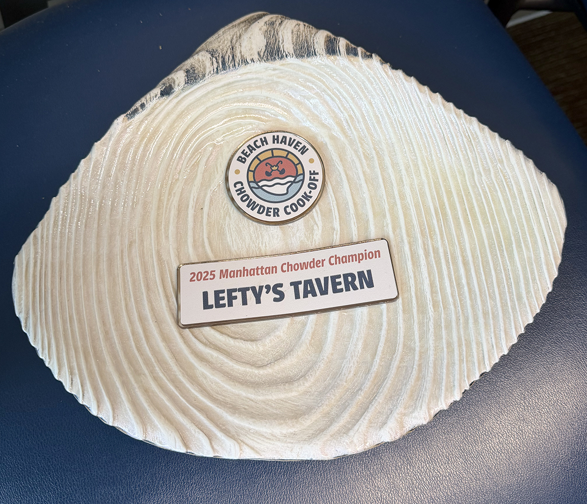 Custom handcrafted Beach Haven Chowder Cook-Off award for 2025 Manhattan Chowder Champion Lefty’s Tavern with sculpted wood base and dimensional graphics