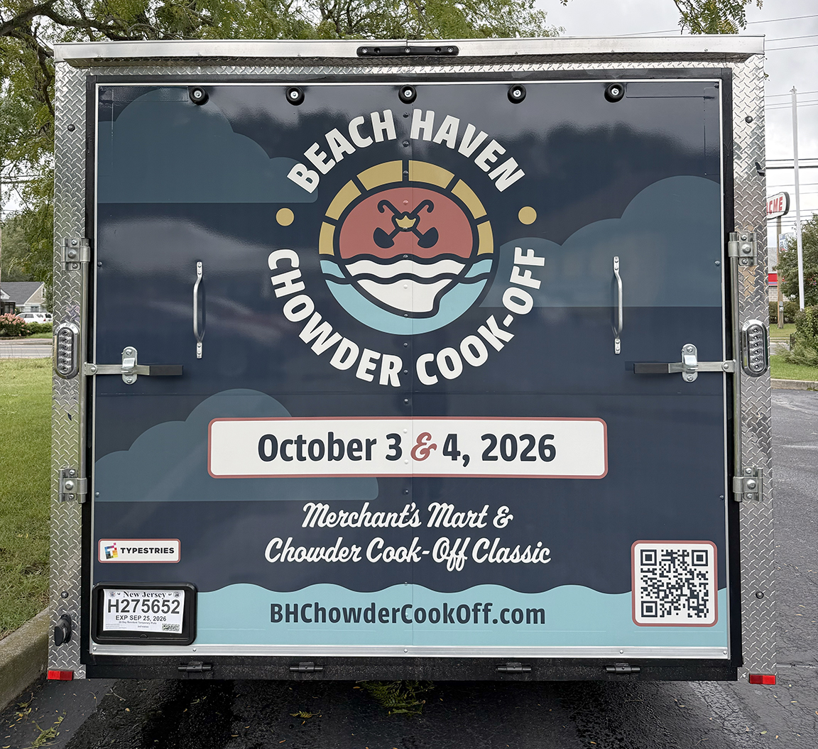 Rear view of the custom Beach Haven Chowder Cook-Off trailer wrap featuring the event logo, October 3 and 4 2026 dates, website and QR code