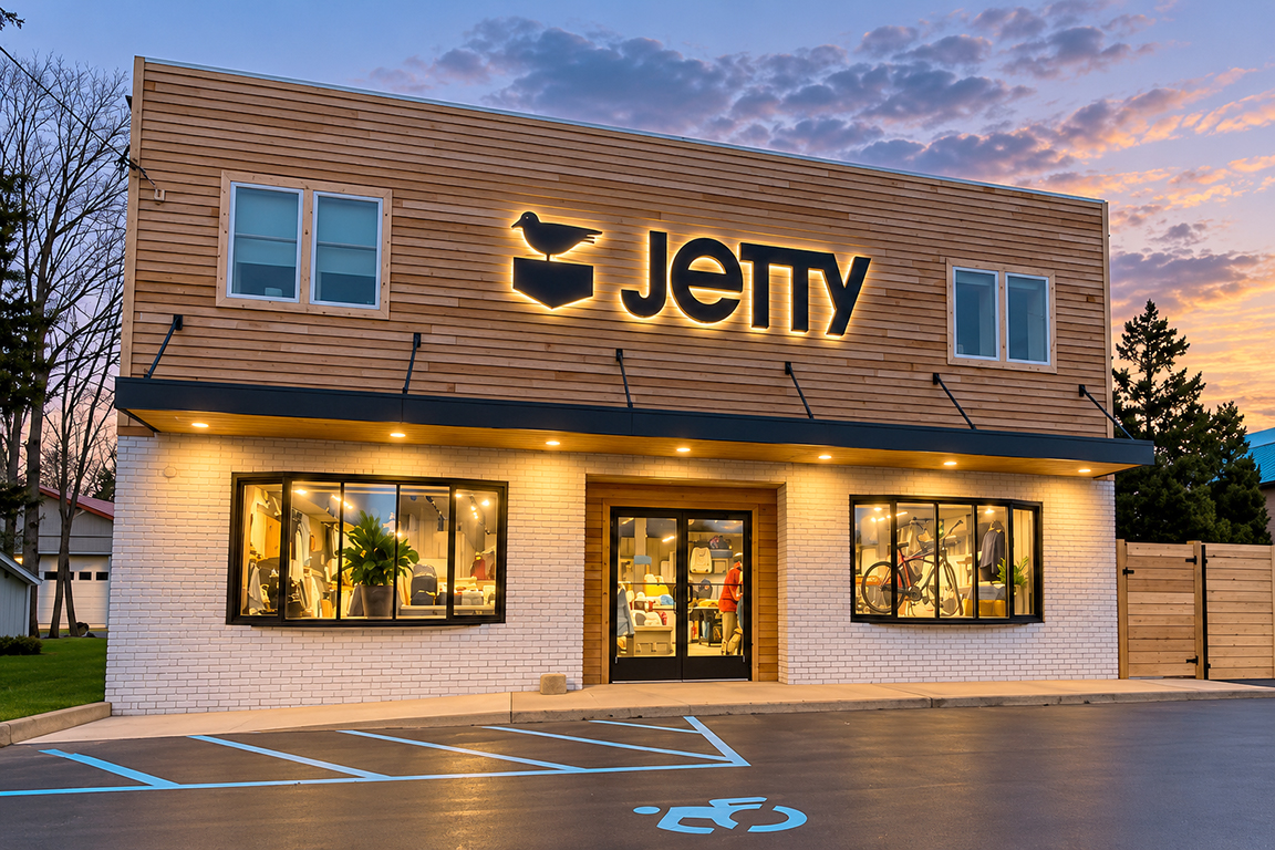 Enhanced dusk visualization of Jetty flagship store showing warm halo lighting around the channel letters and bird logo